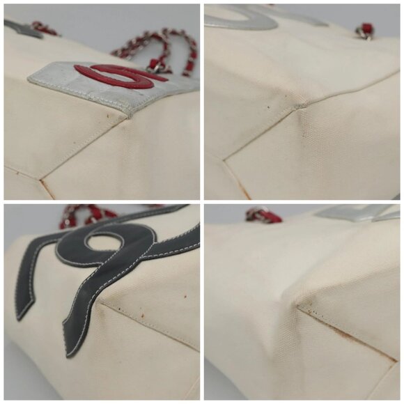 CHANEL Choco Bar COCO Mark Chain Hand Bag Canvas Beige Silver CC Auth BA4601 - Picture 14 of 16